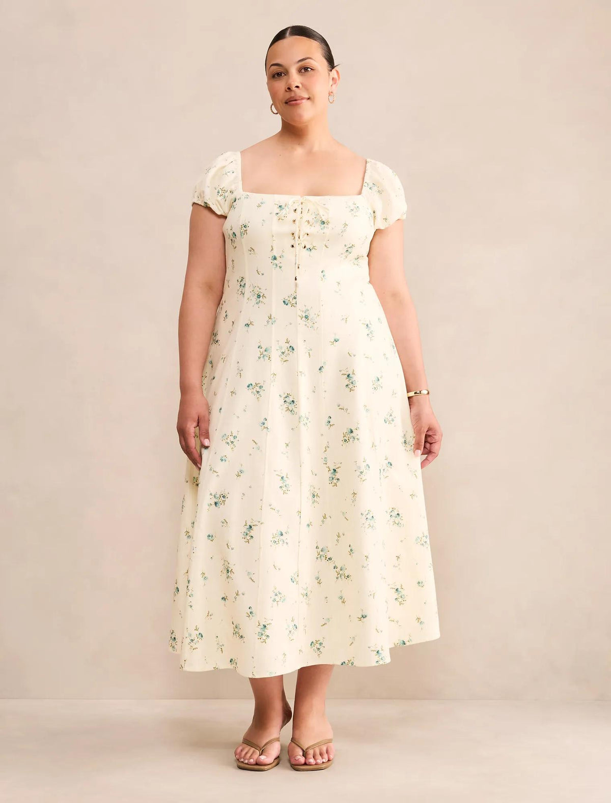 Sallie Curve Tie Front Linen Midi Dress Elmira Ditsy
