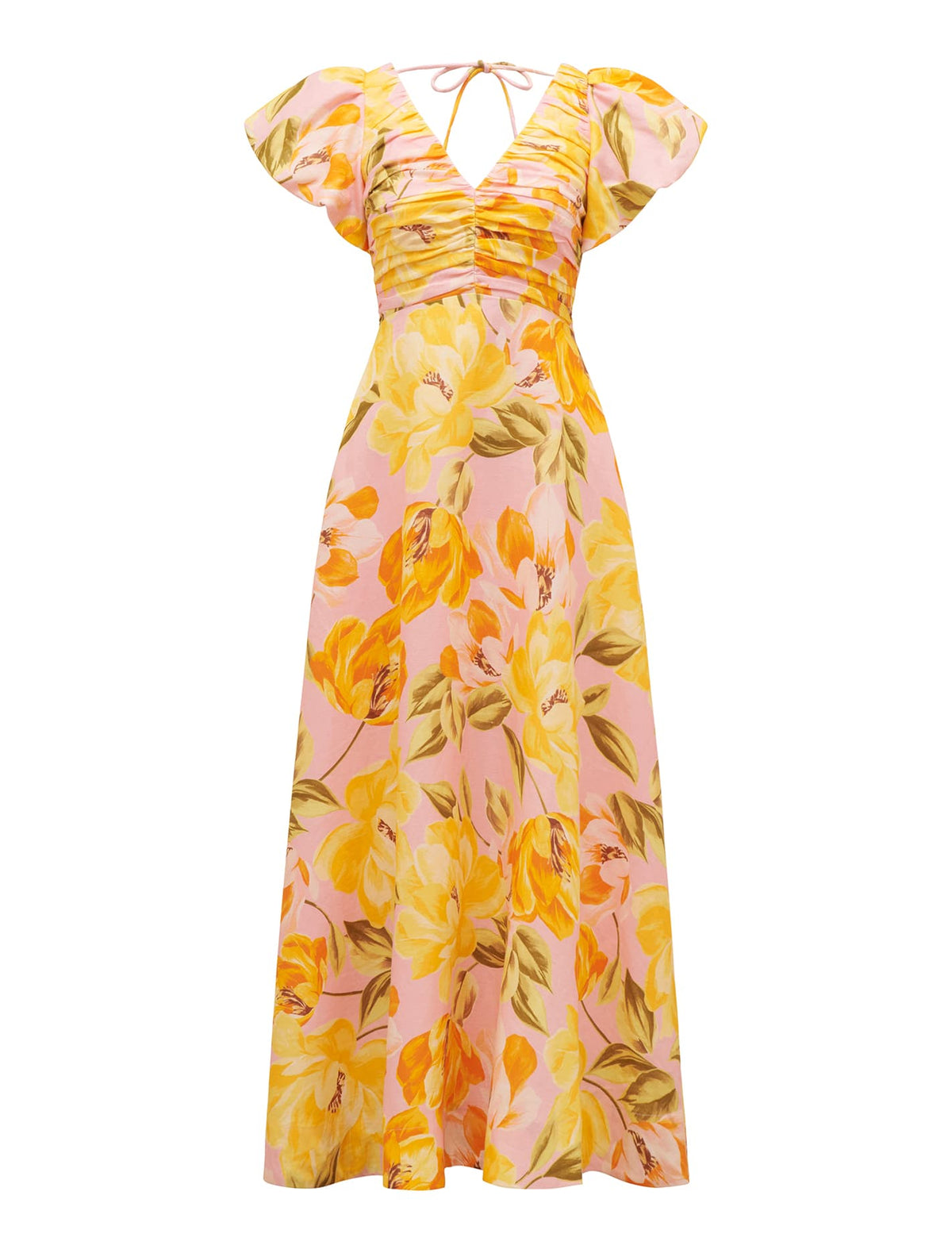 June Ruched Linen Midi Pink Wright Floral_mannequin