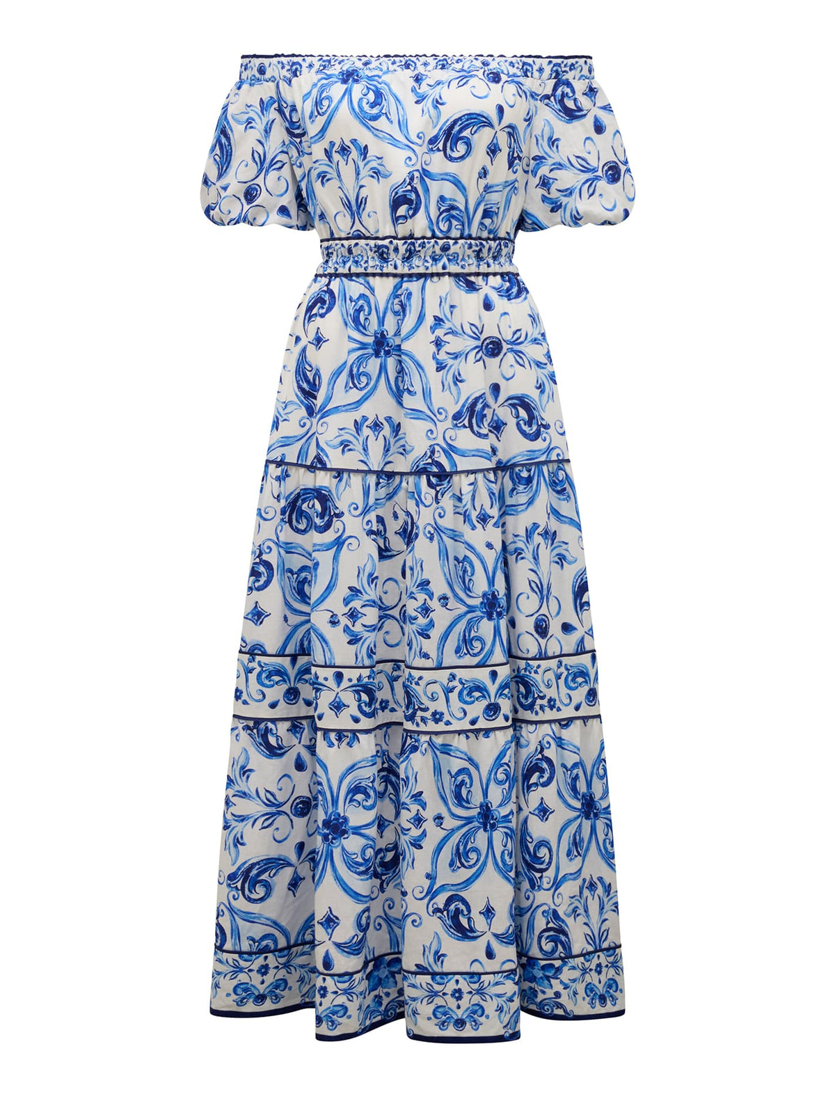Ravenna Off-Shoulder Tiered Midi Dress Sardinia Tile_mannequin
