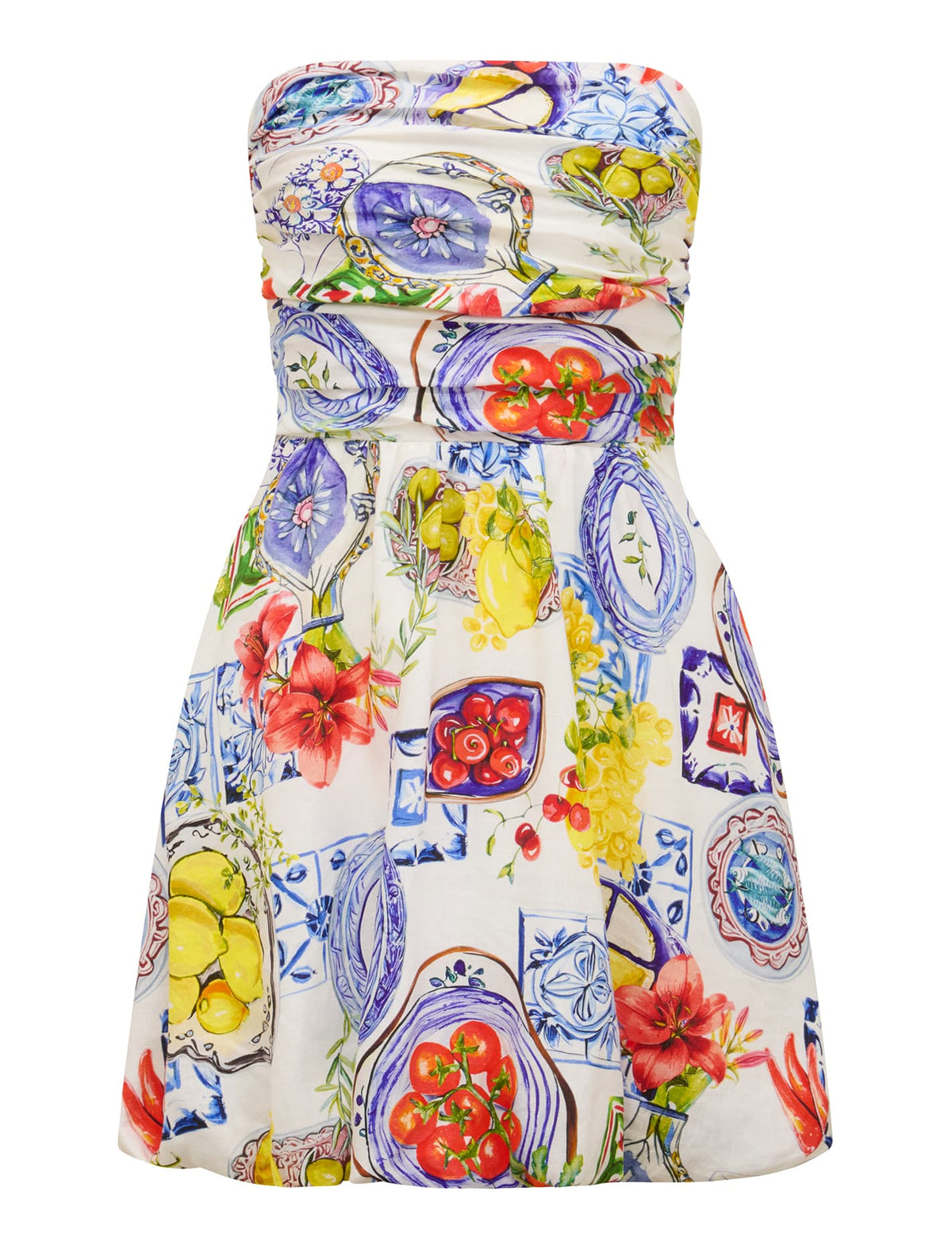 Phoebe Strapless Bubble-Hem Mini Dress Sorrento Tile_mannequin