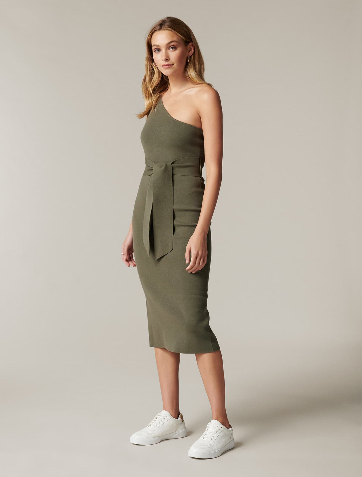 Lauren One Shoulder Midi Knit Dress Khaki
