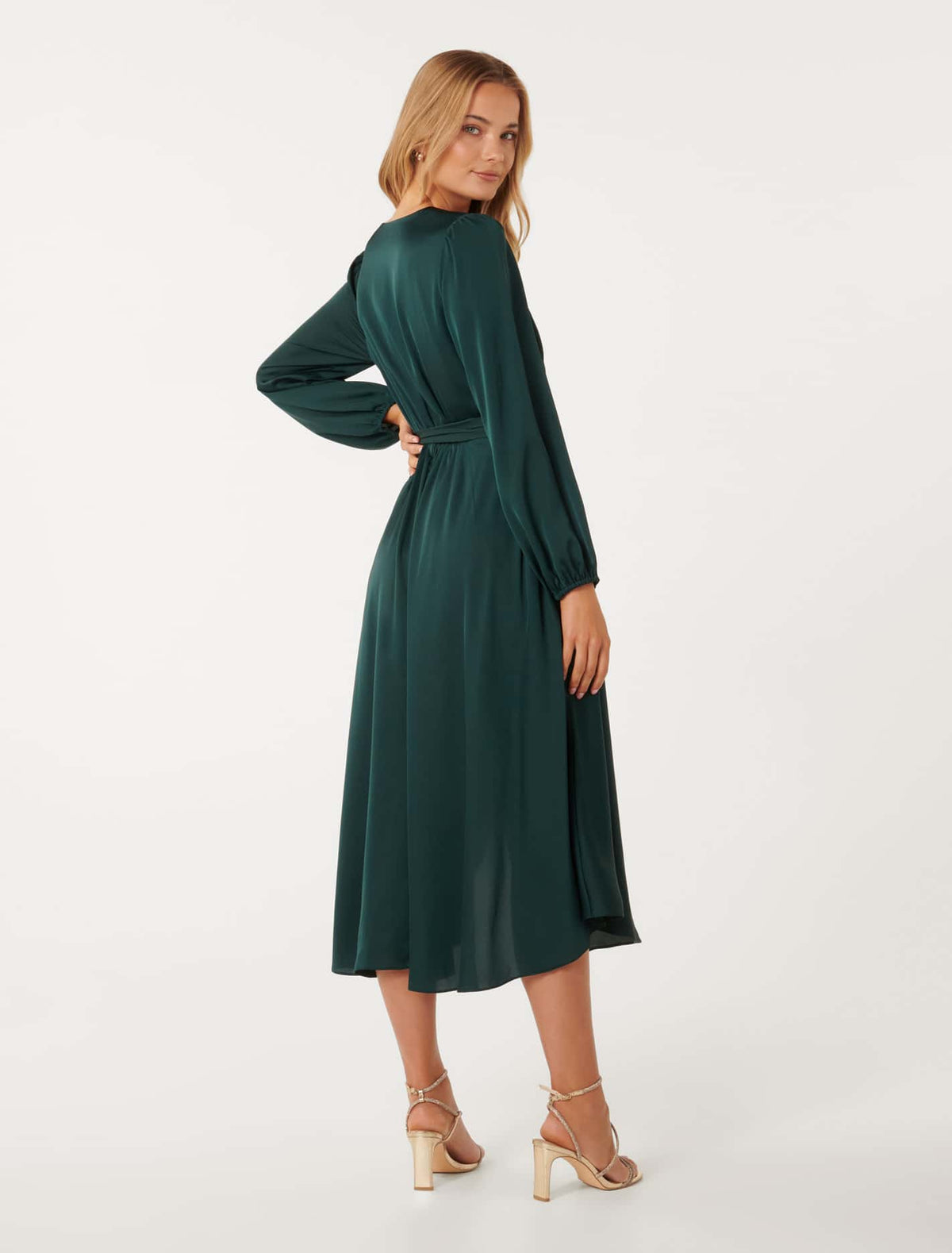 Marilyn Satin Wrap Midi Dress Dark Green