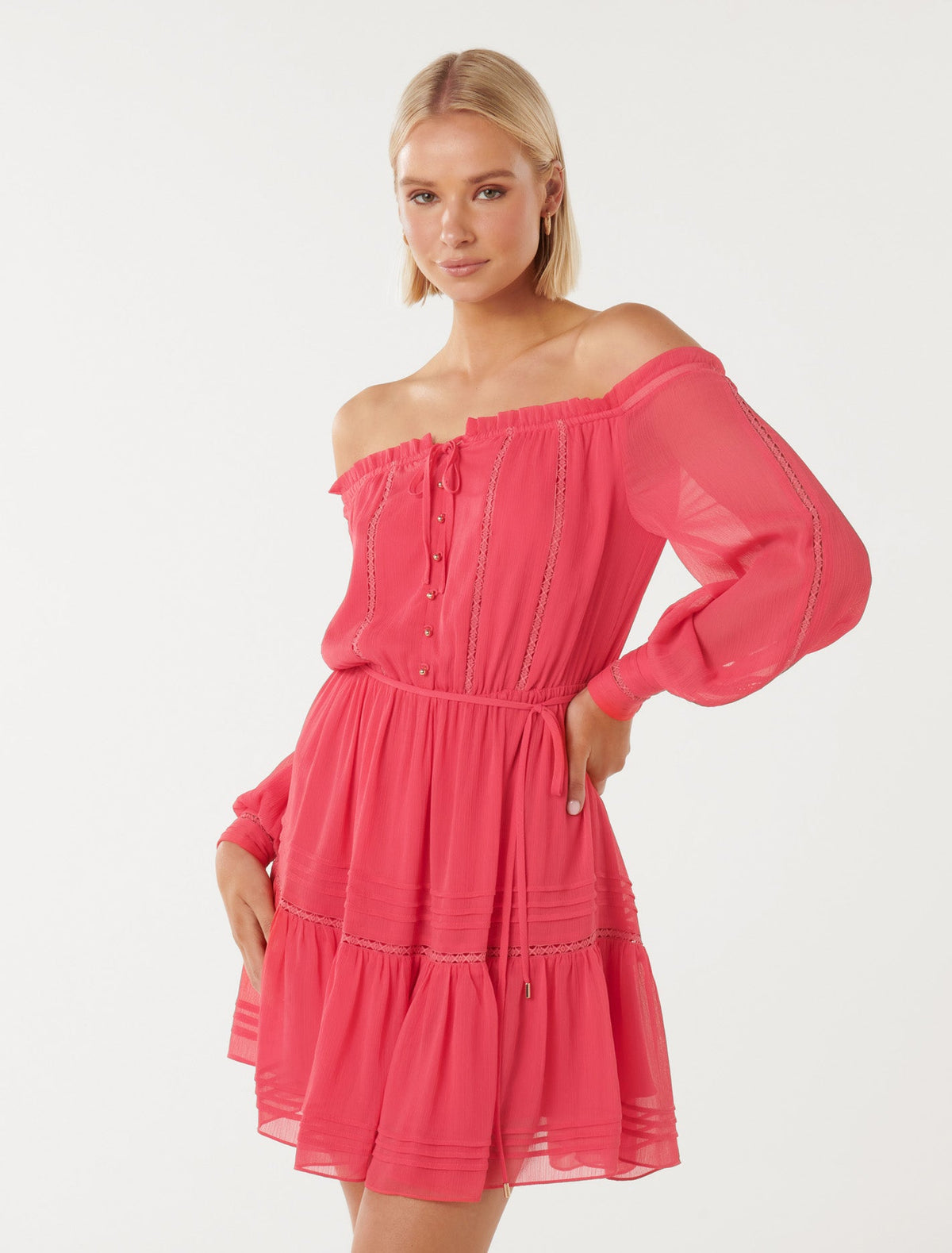 Gisele Off-Shoulder Mini Dress Cherry Pink