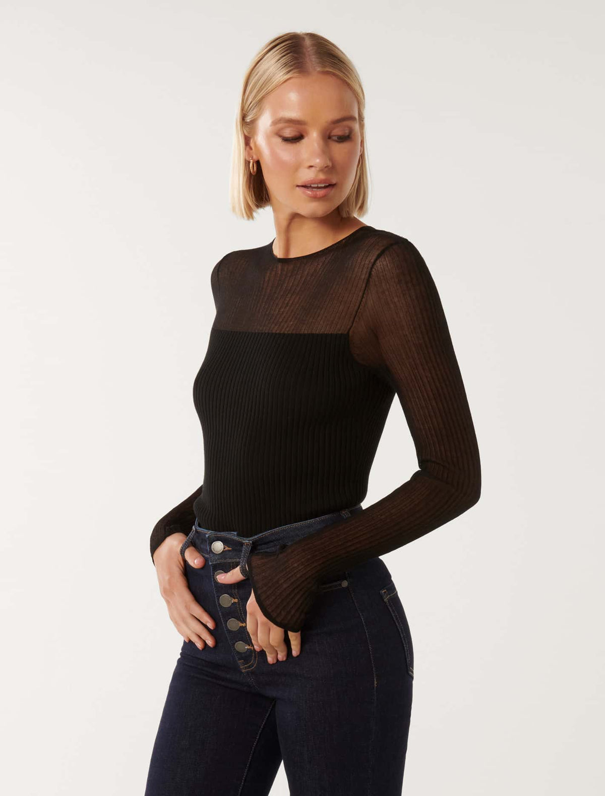 Brooke Sheer Mix-Knit Top Black