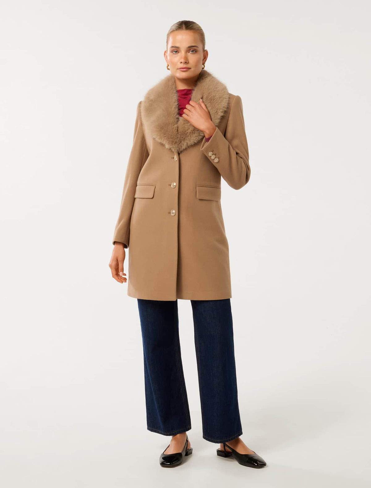 Lucinda Short Fur Collar Coat Mid Camel