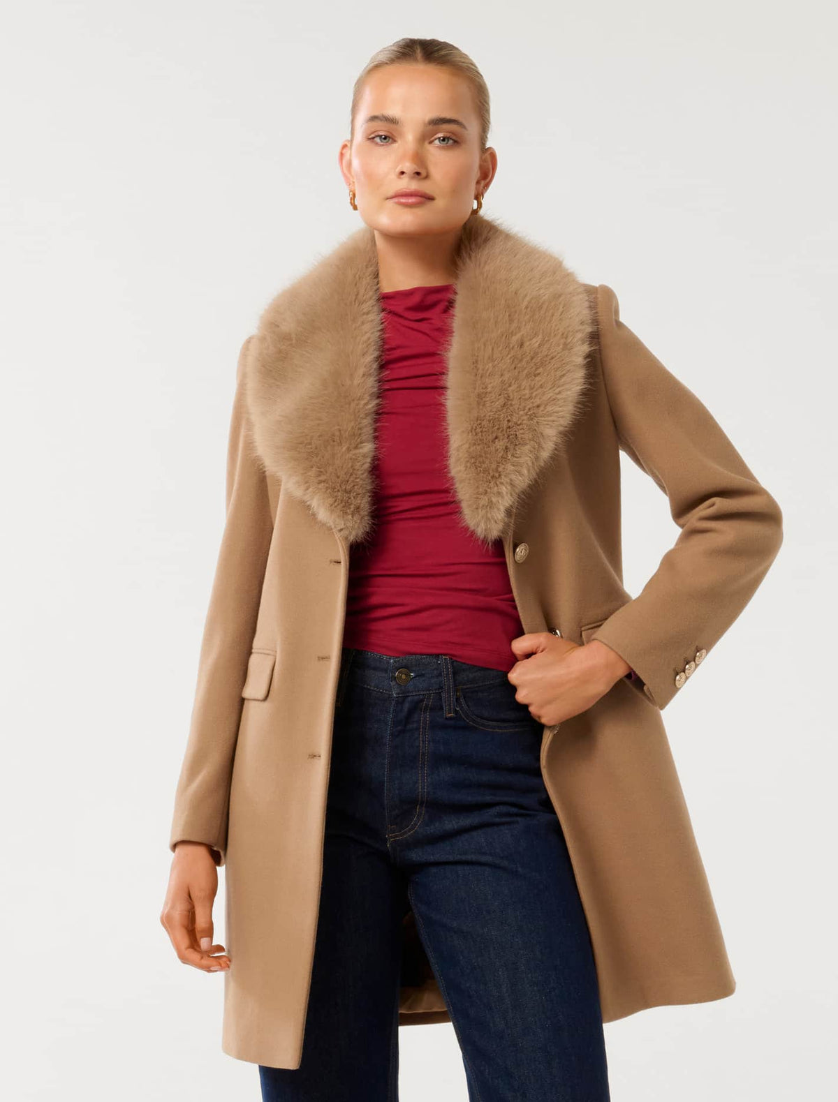 Lucinda Short Fur Collar Coat Mid Camel