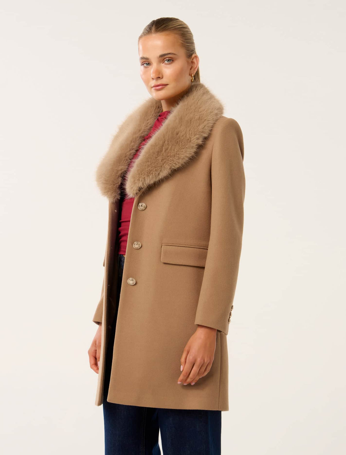 Lucinda Short Fur Collar Coat Mid Camel