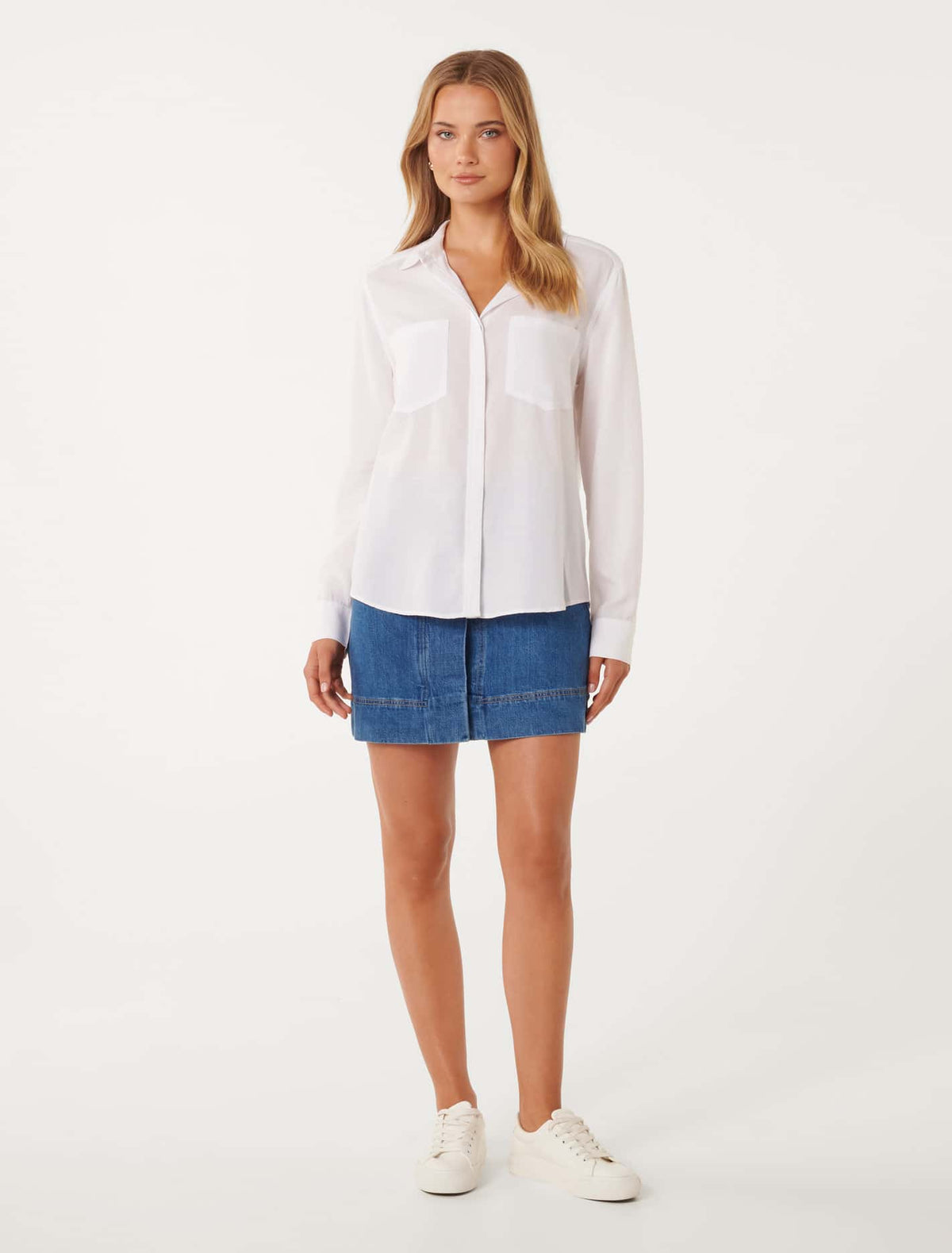 Abigail Long-Sleeve Denim Blouse White