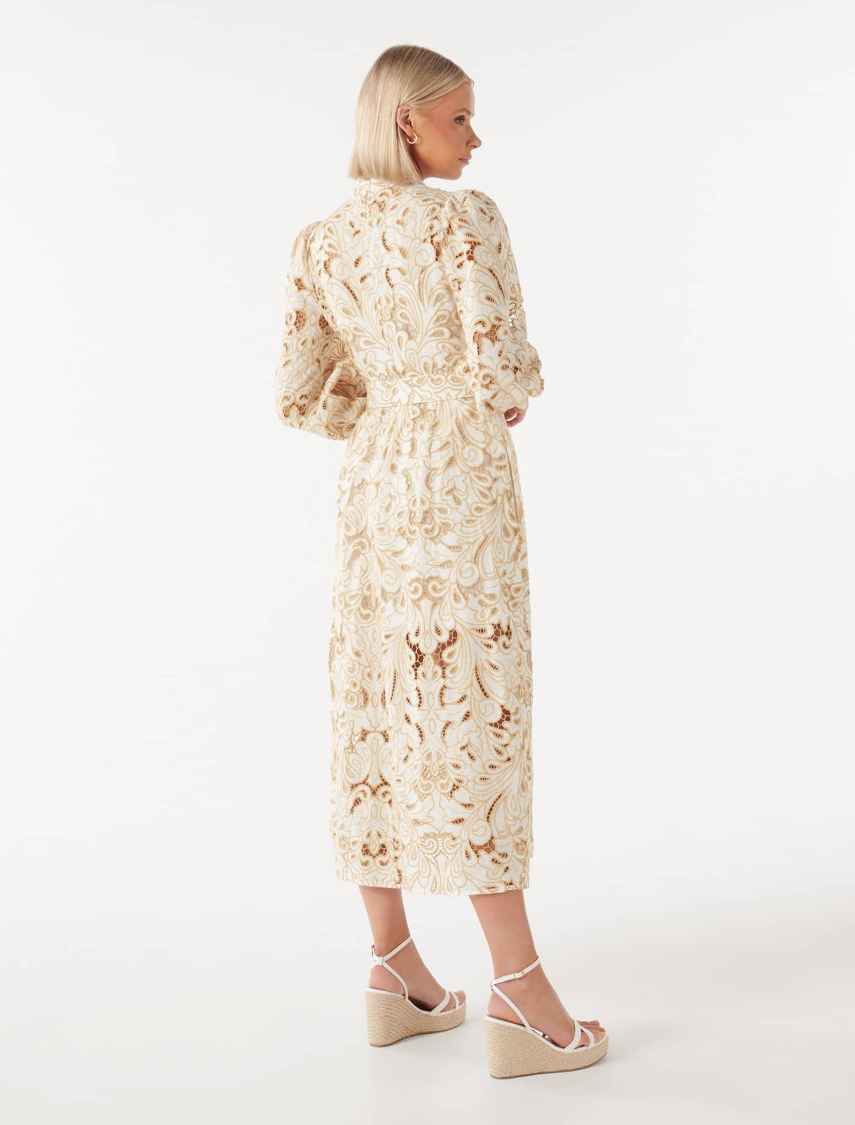 Fifi Broderie Long Sleeve Midi Dress Porcelain and Tan Broderie