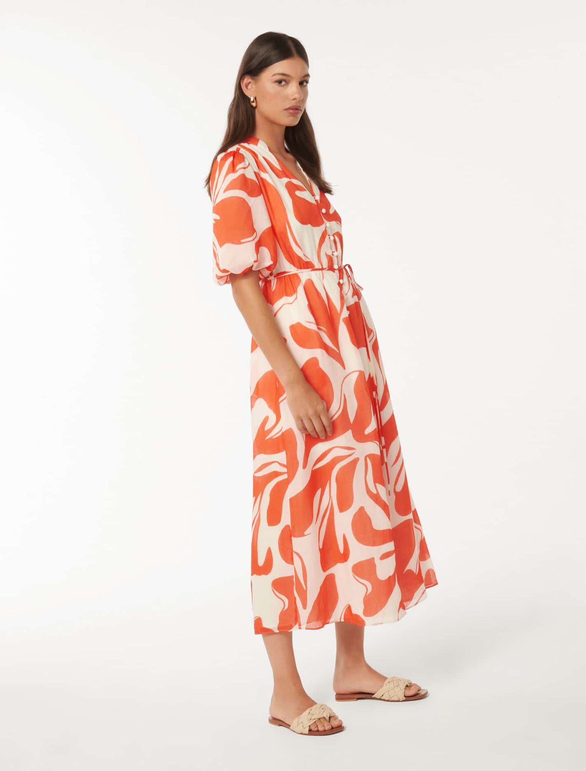 Loren Puff Sleeve Midi Red Ari Abstract
