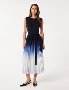 Elara Ombre Pleat Midi Dress Navy