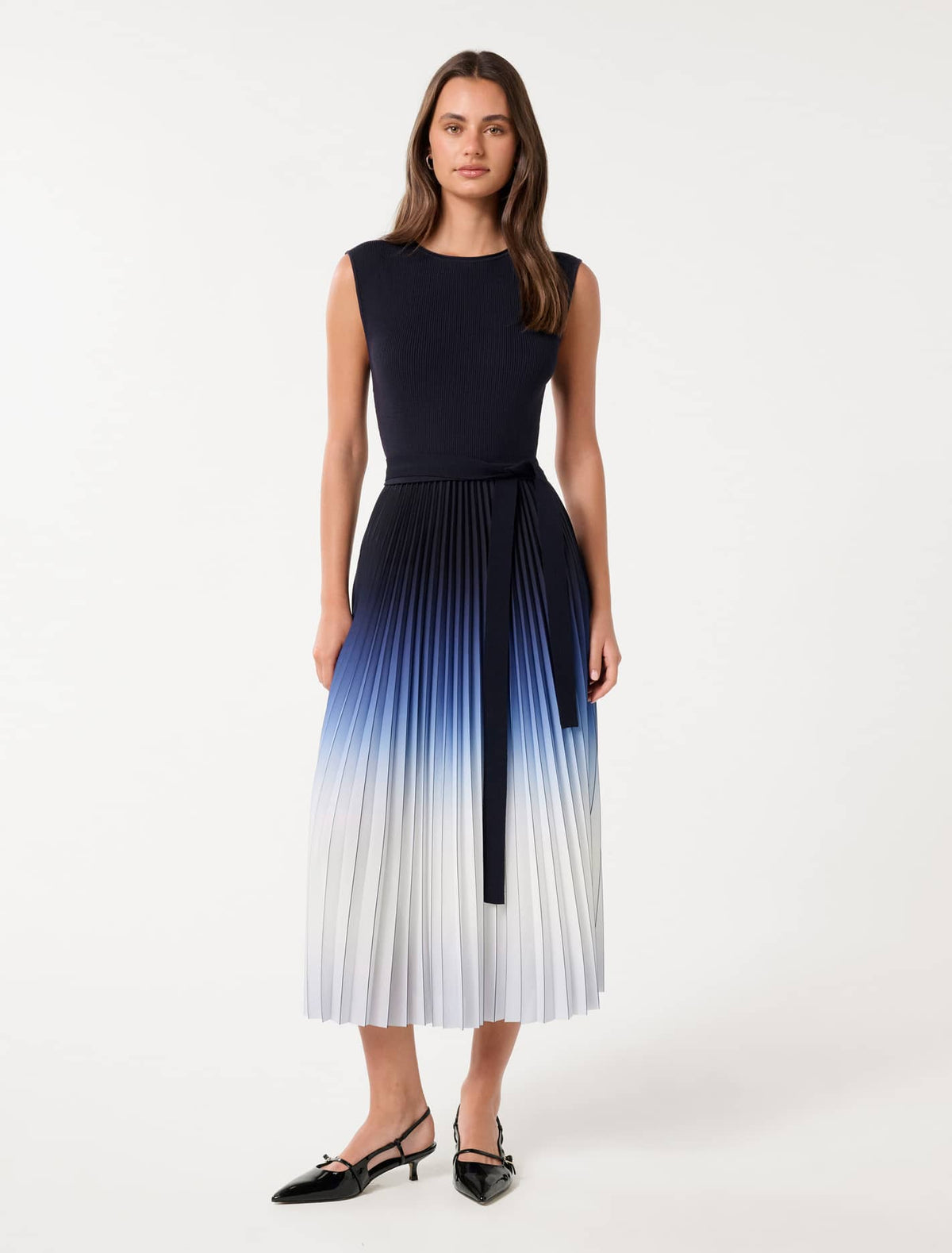 Elara Ombre Pleat Midi Dress Navy