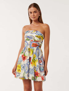 Phoebe Strapless Bubble-Hem Mini Dress Sorrento Tile