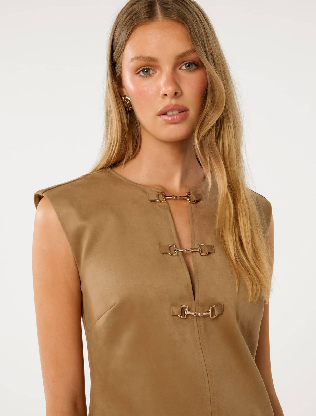 Clover Snaffle-Detail Faux Suede Mini Dress  Brown