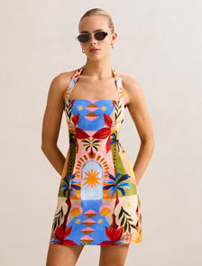 Keely Halter-Neck Linen Mini Dress Bright Havana