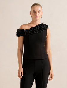 Sadie Tipped Shoulder Ruffle Top Black