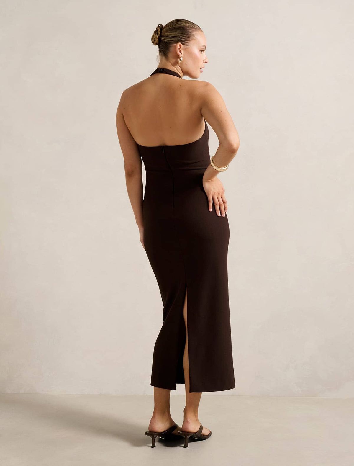 Georgie Halter Ruched Bodycon Dress Chocolate