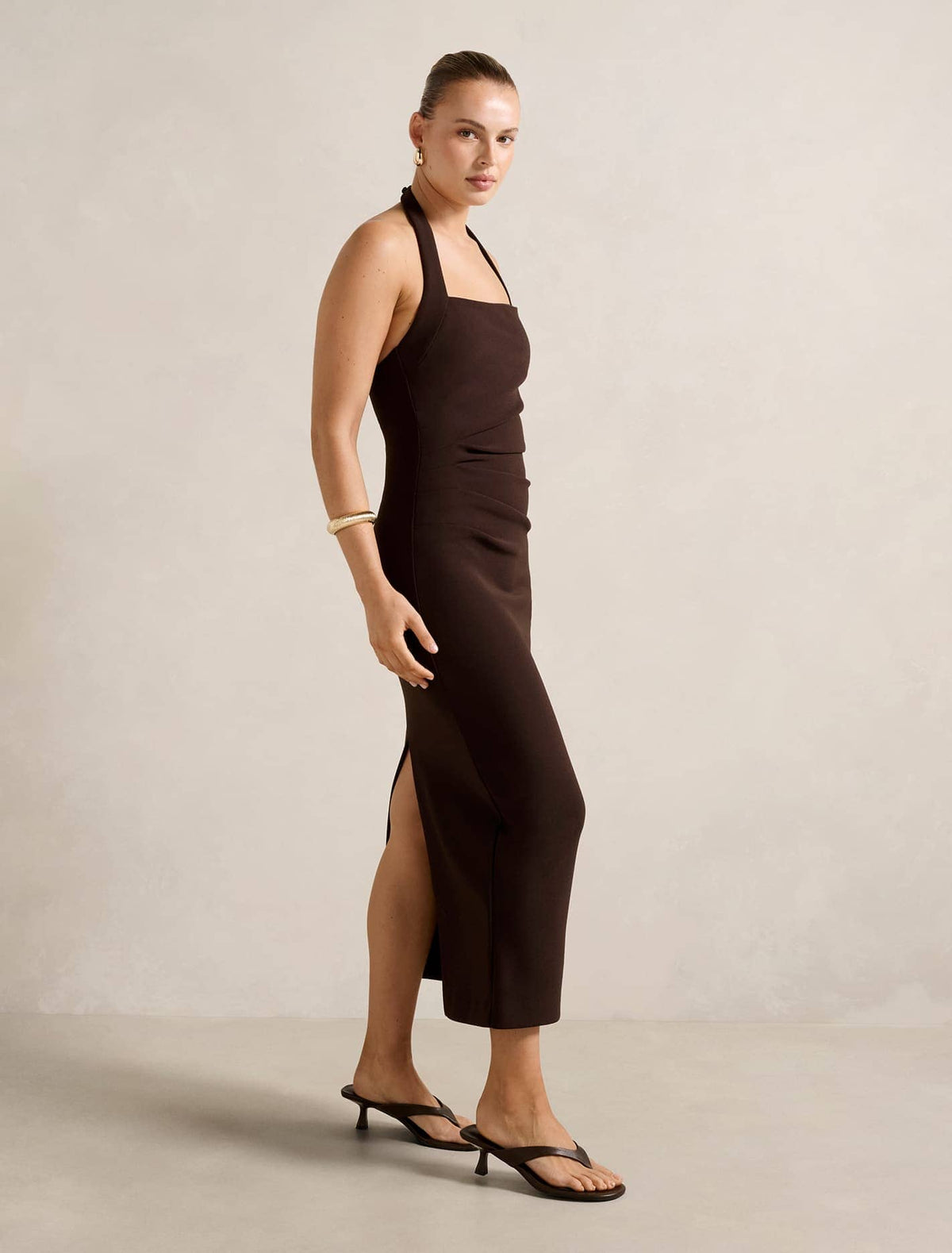 Georgie Halter Ruched Bodycon Dress Chocolate