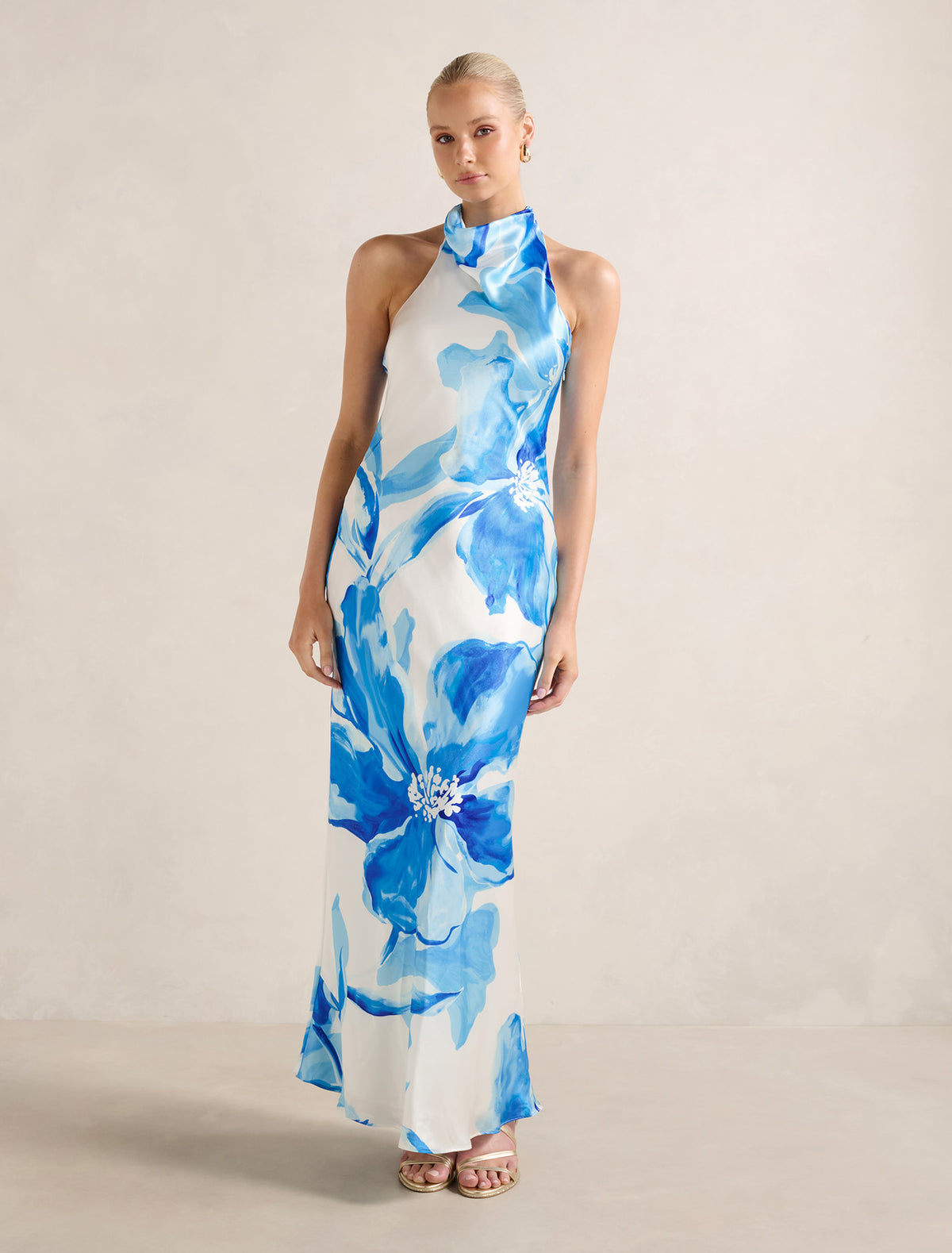 Clementine High Neck Satin Maxi Blue Maia Floral