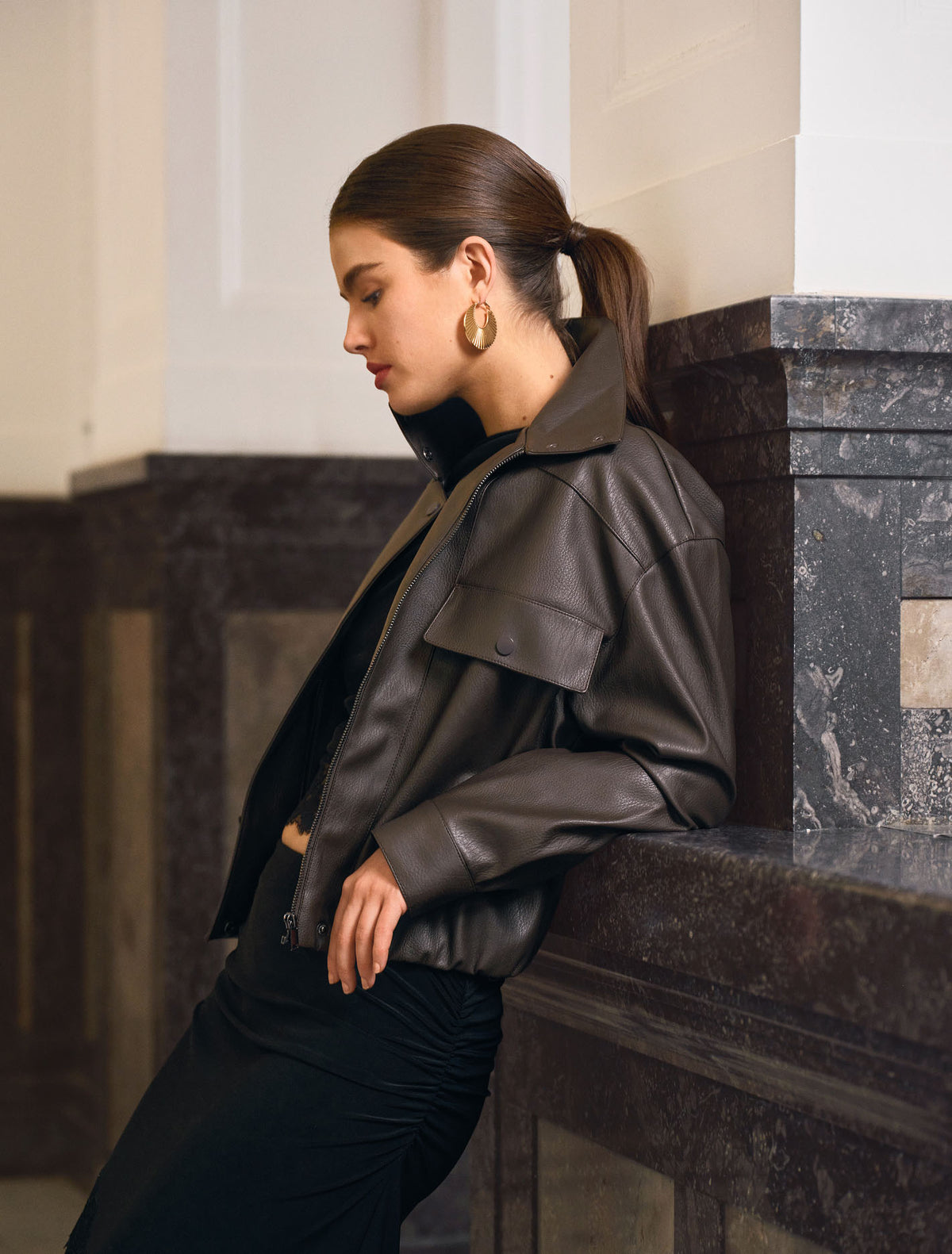 Angela Funnel Neck Faux Leather Bomber Jacket Chocolate