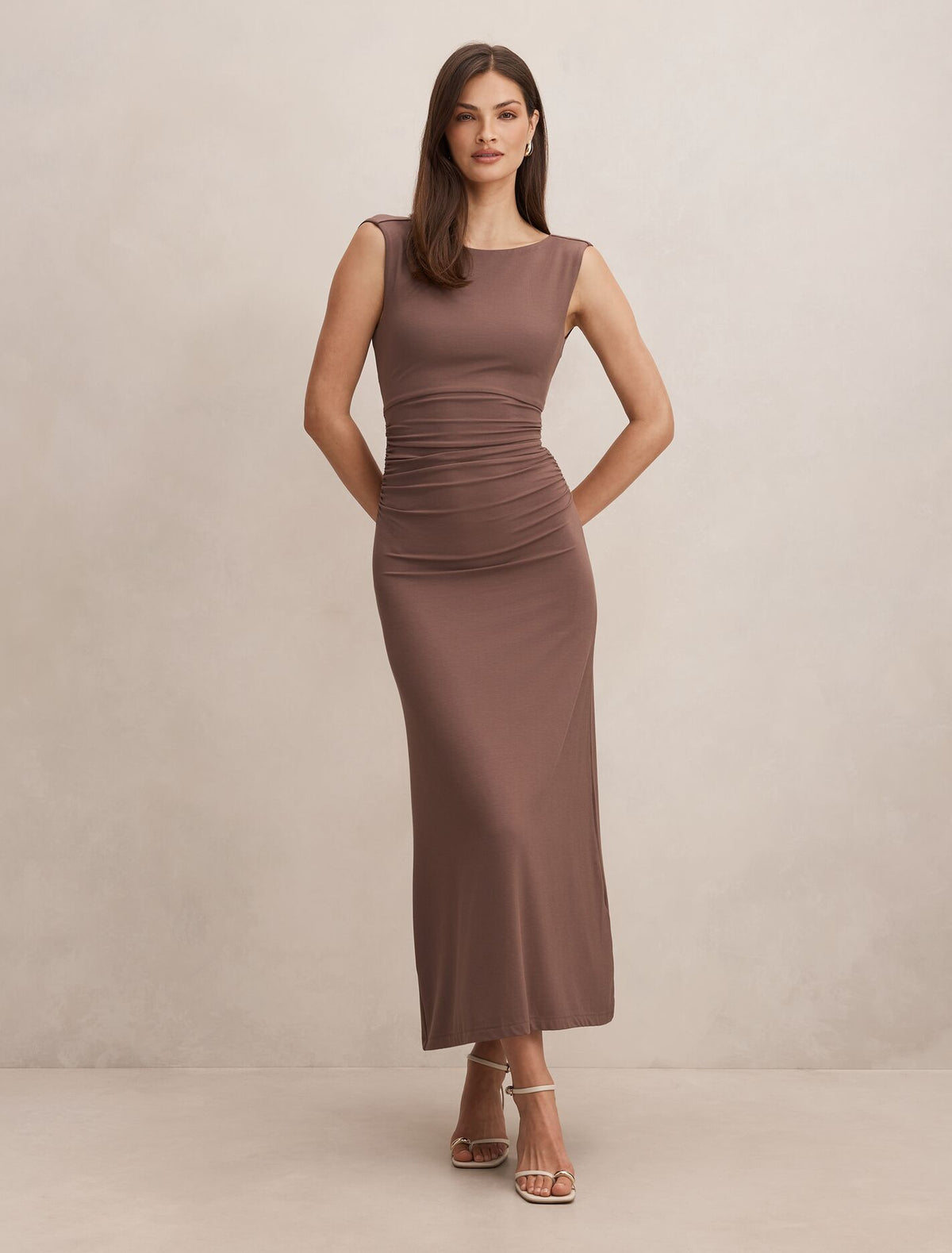 Jemima Ruched Jersey Midi Dress Earth