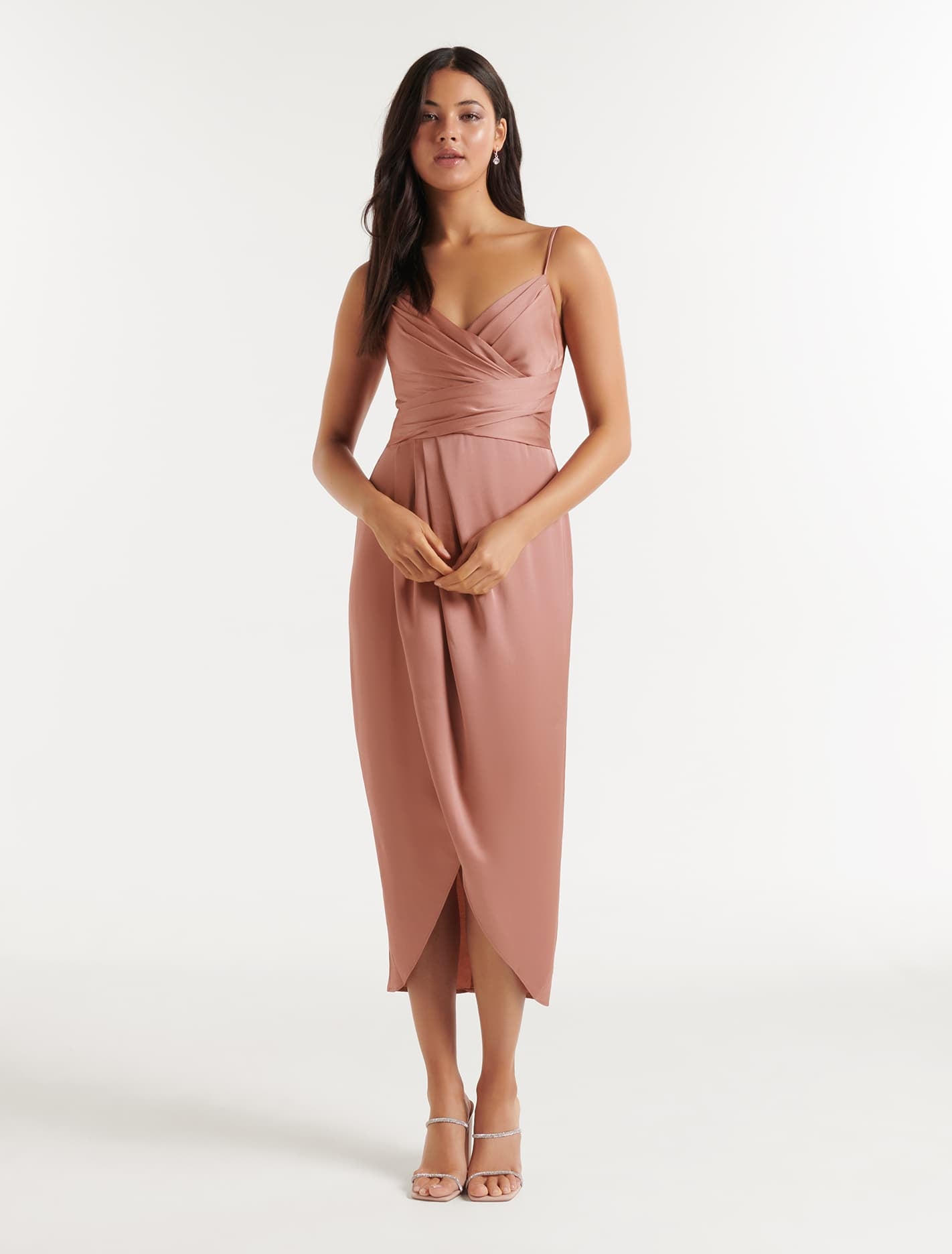 Amanda Petite Drape Satin Midi Dress