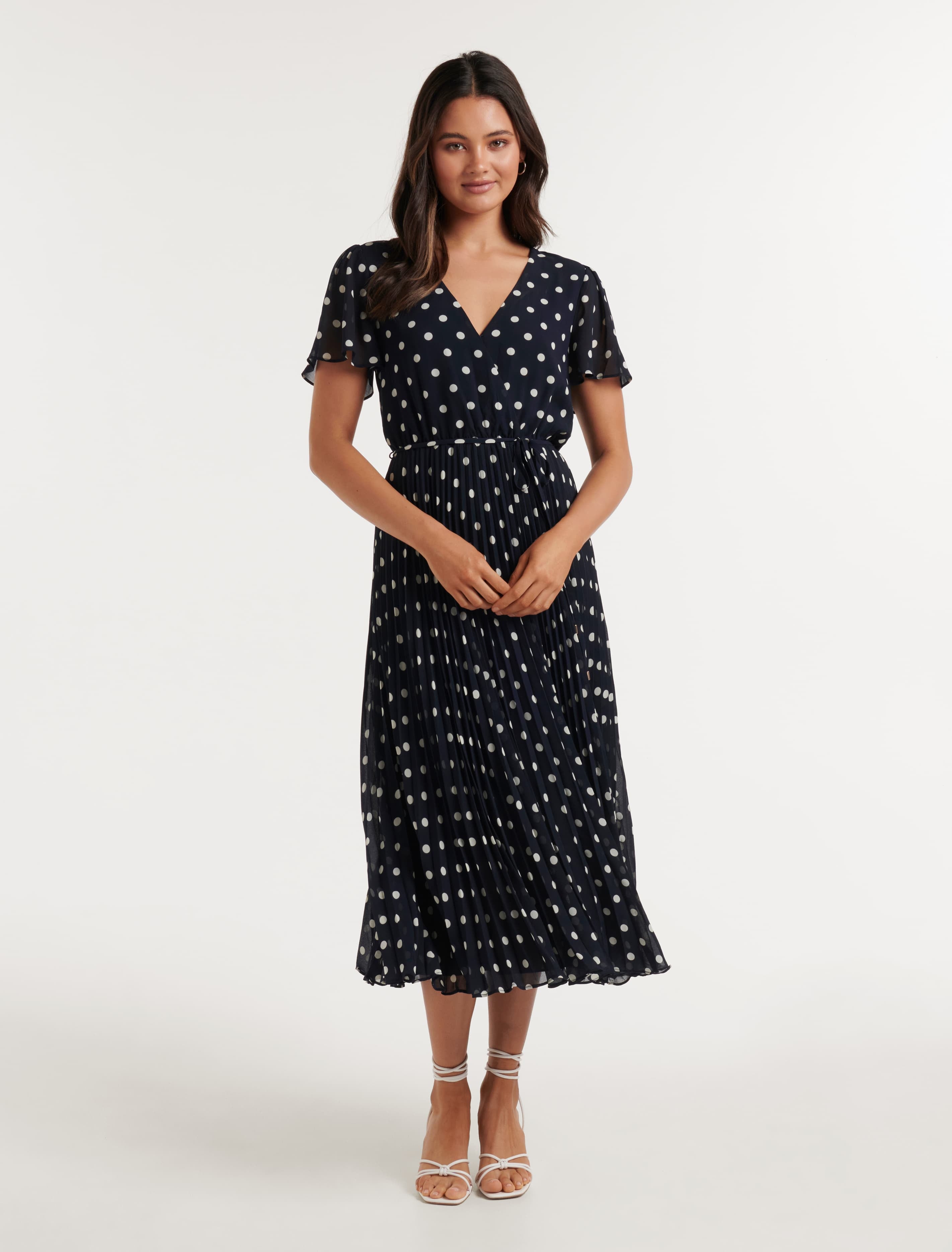 Kalani Pleated Flutter-Sleeve Midi Dress