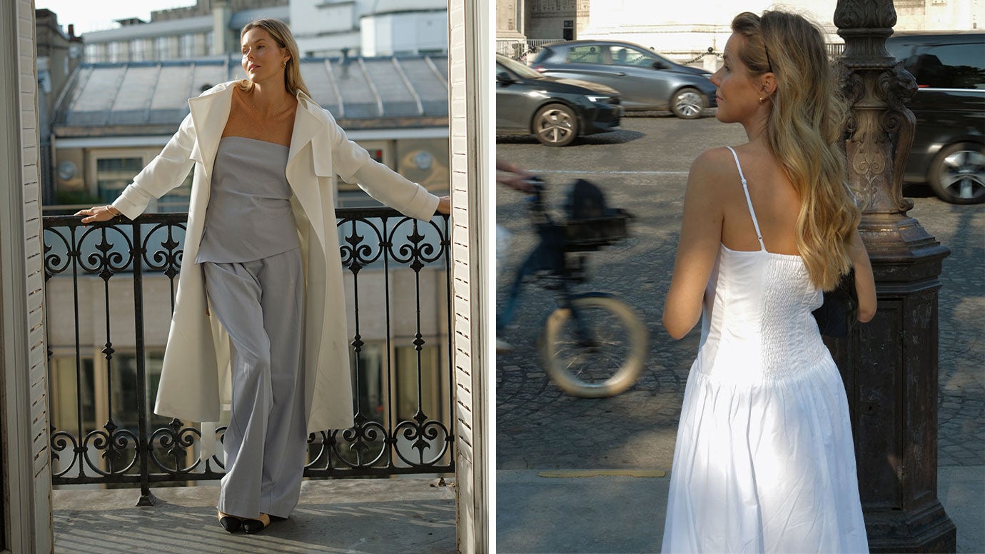 influencer fredrika akander wearing a blue matching set on a balcony in paris, on the right it shows fredrika in a white dress facing away from the camera the Arc de Triomphe is in the background