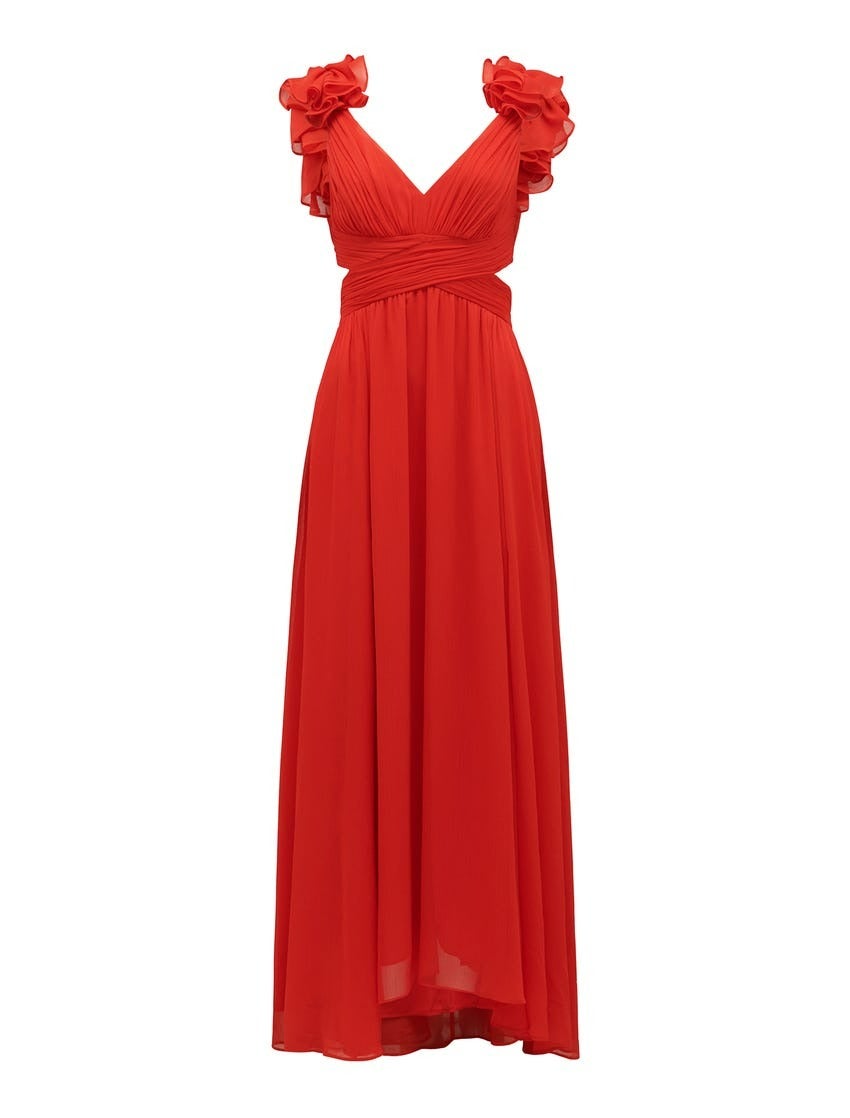 Selena Ruffle-Shoulder Maxi Dress