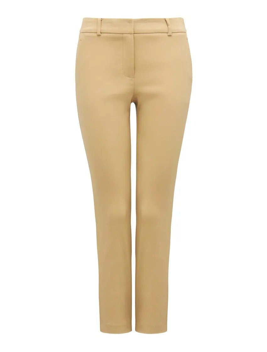 camel coloured slim leg pants with a white background