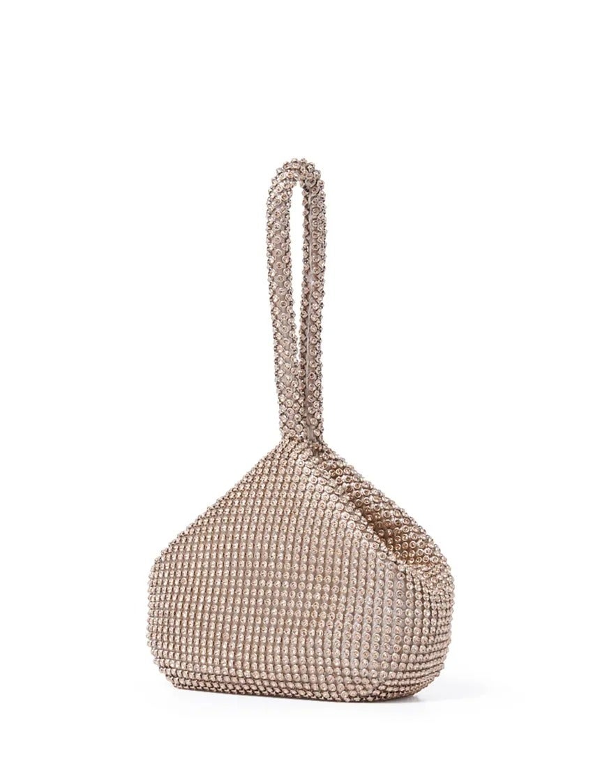 diamante covered pouch bag with a wrist strap in a dusy champagne colour